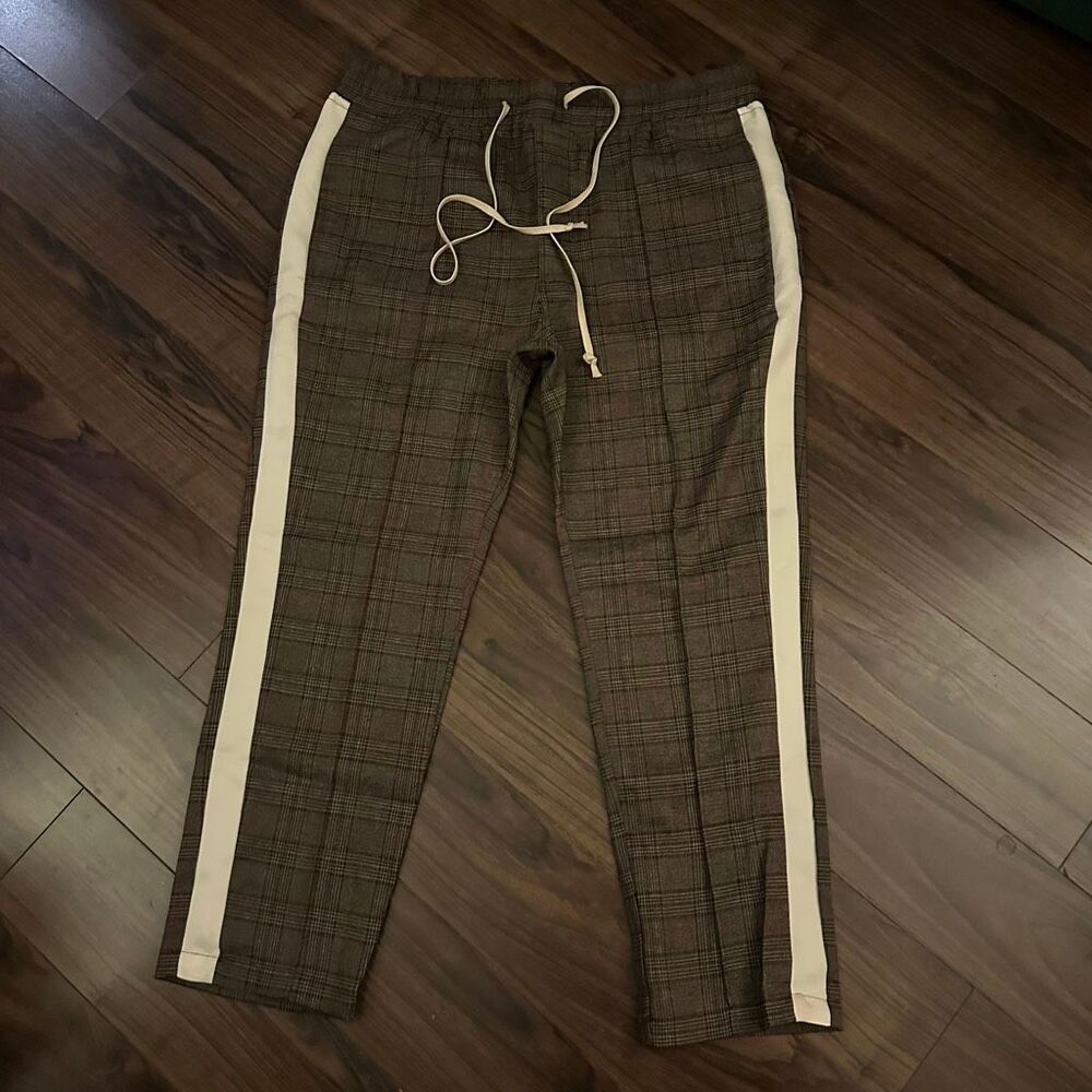 Men's Brown Plaid Chinos with Cream Side Stripes